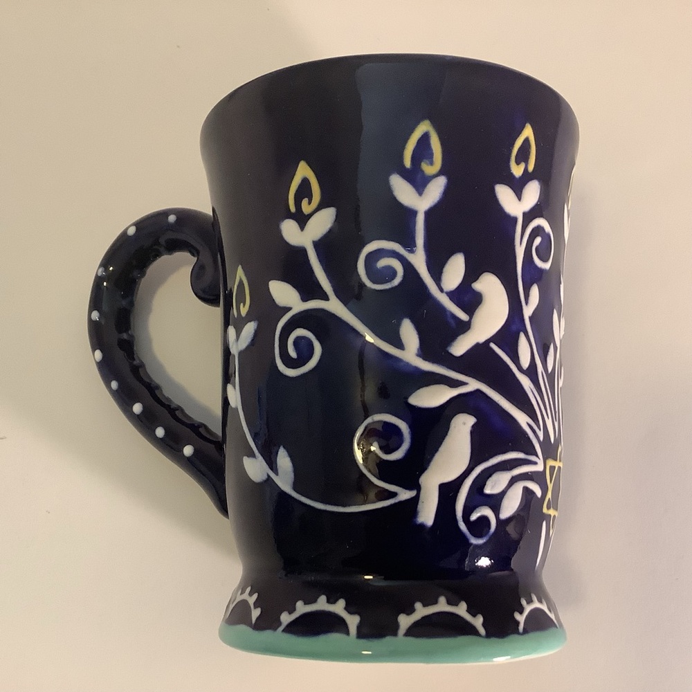 Grasslands Road Happy Hanukkah Mug Coffee Tea Beverages Navy Blue 3D Bird Floral